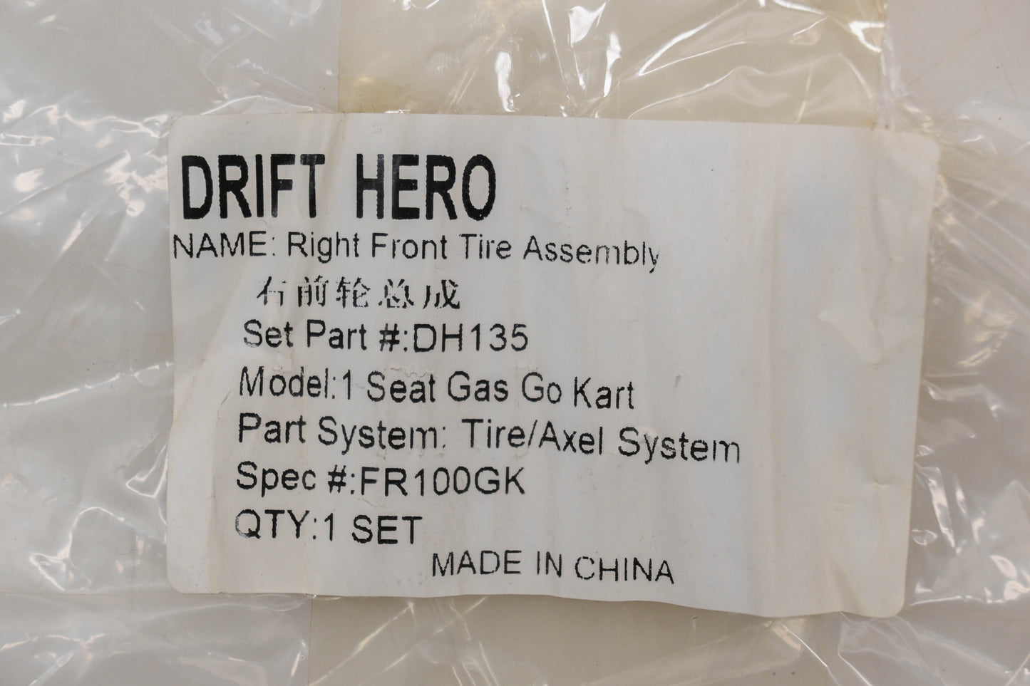 Drift Hero DH135 14 X 4.10-6 Tubeless Front Right Tire Assembly NOS
