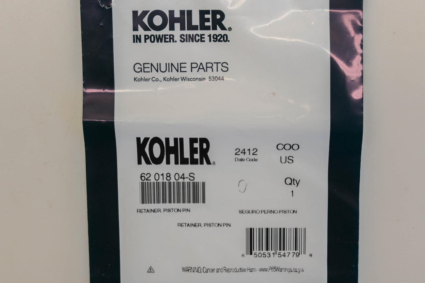 Kohler 62 018 04-S, 6201804S Piston Pin Retainer NOS