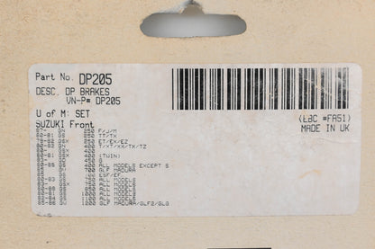 DP Brakes DP205, DP-205 Brake Pads NOS