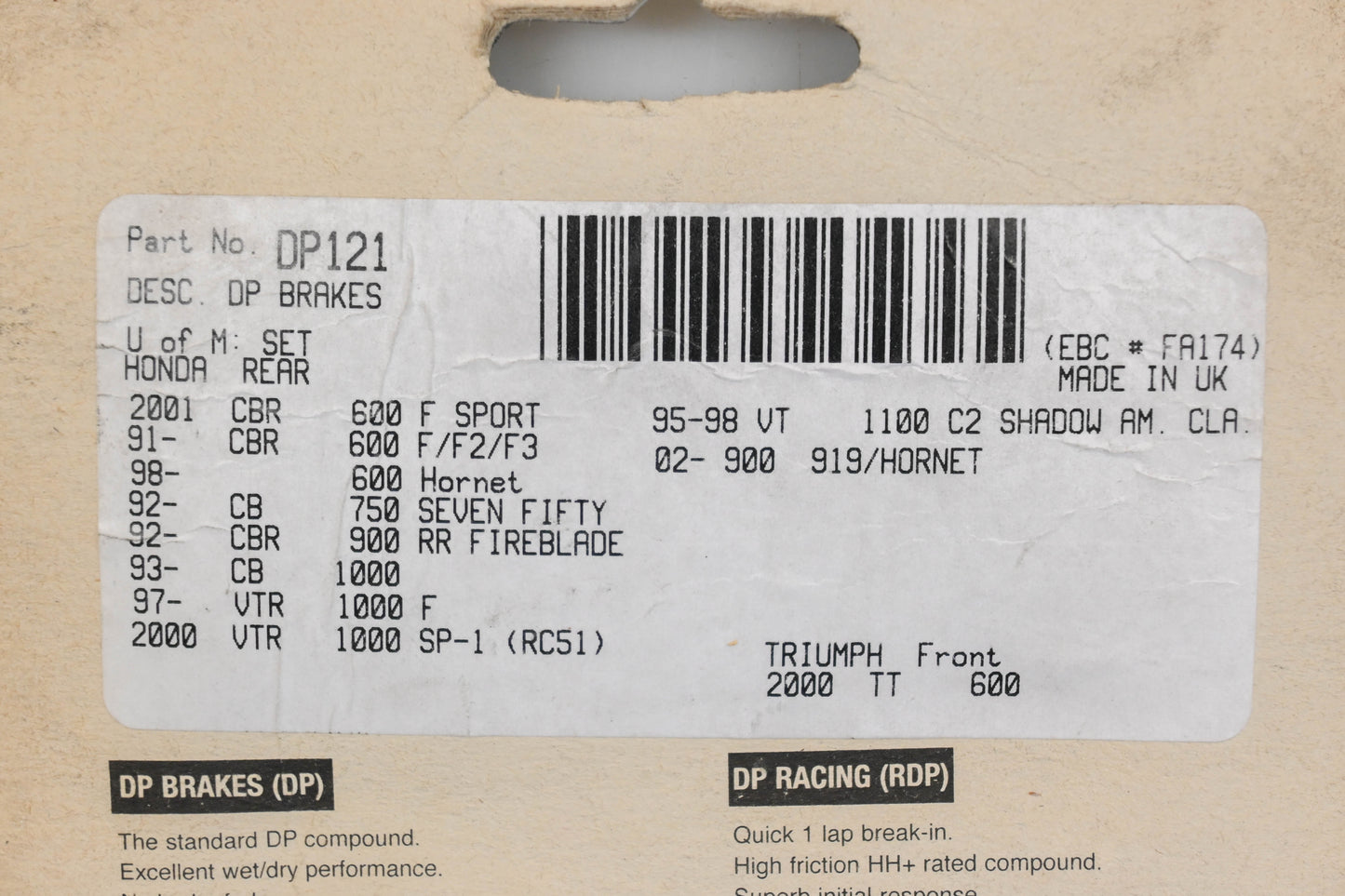 DP Brakes DP121, DP-121 Brake Pads NOS