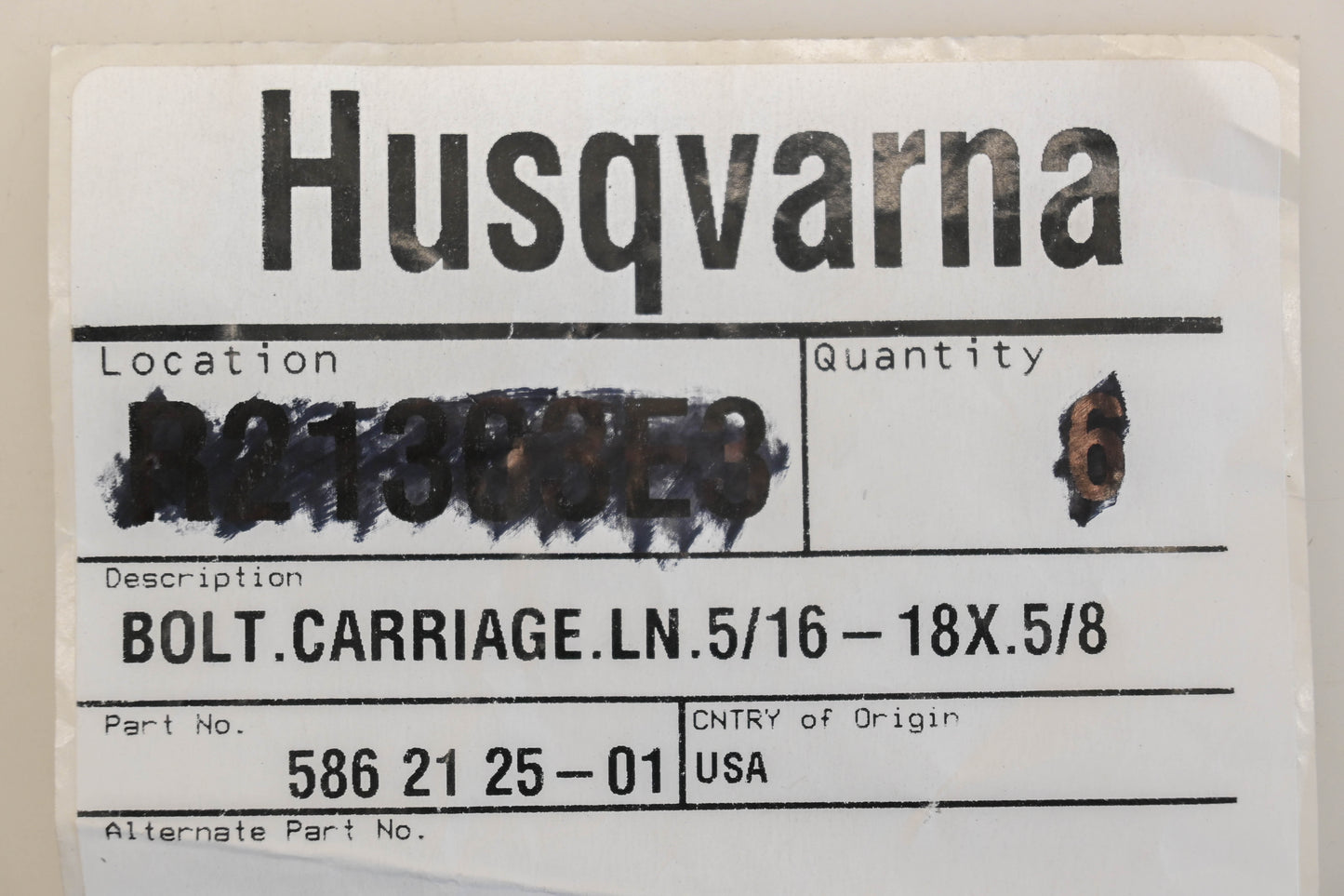 New OEM Husqvarna 586 21 25-01, 586212501 5/16"-18 x 5/8" Carriage Bolts NOS