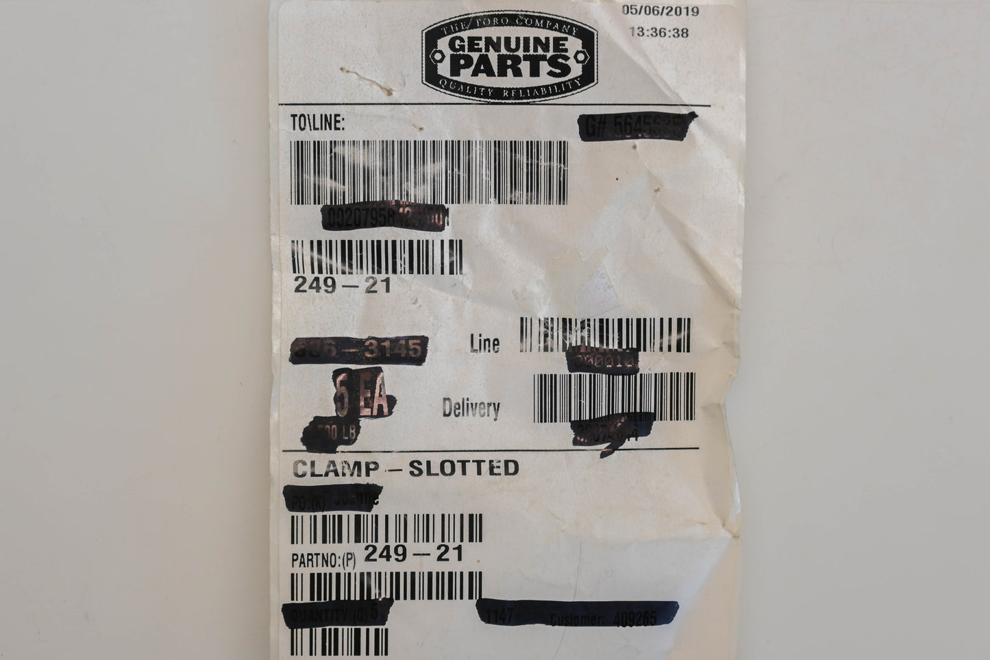 Toro 249-21 Slotted Clamp NOS