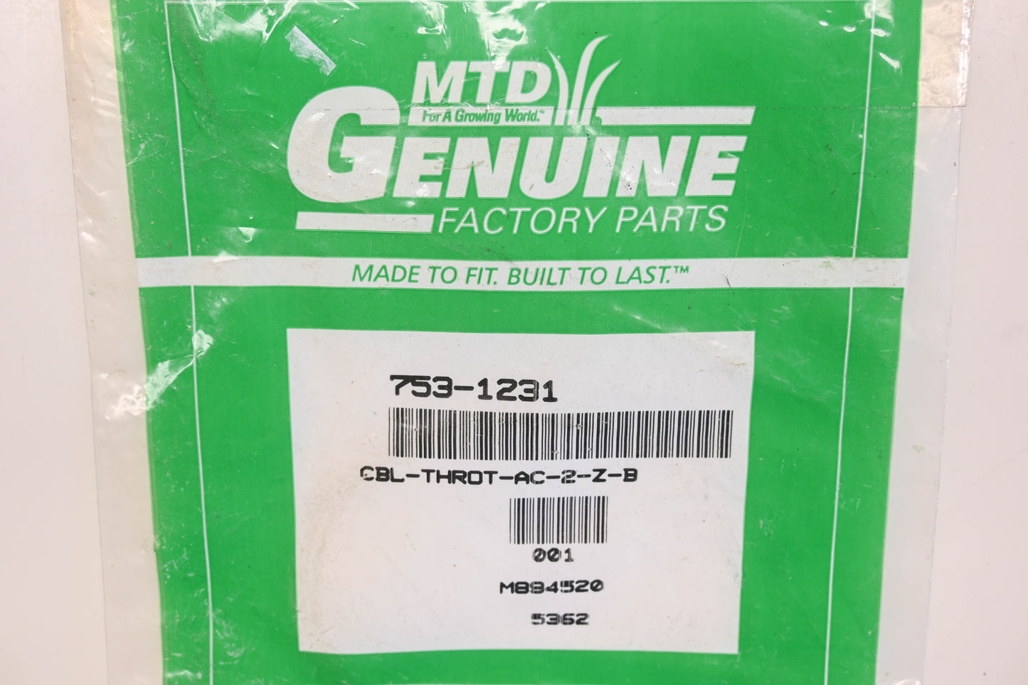 MTD 753-1231 Throttle Cable NOS