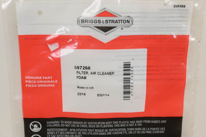 New OEM Briggs & Stratton 597266 Foam Pre-Filter NOS