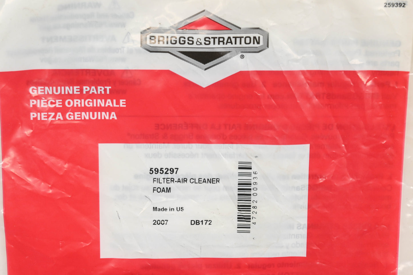 New OEM Briggs & Stratton 595297 Air Filter NOS