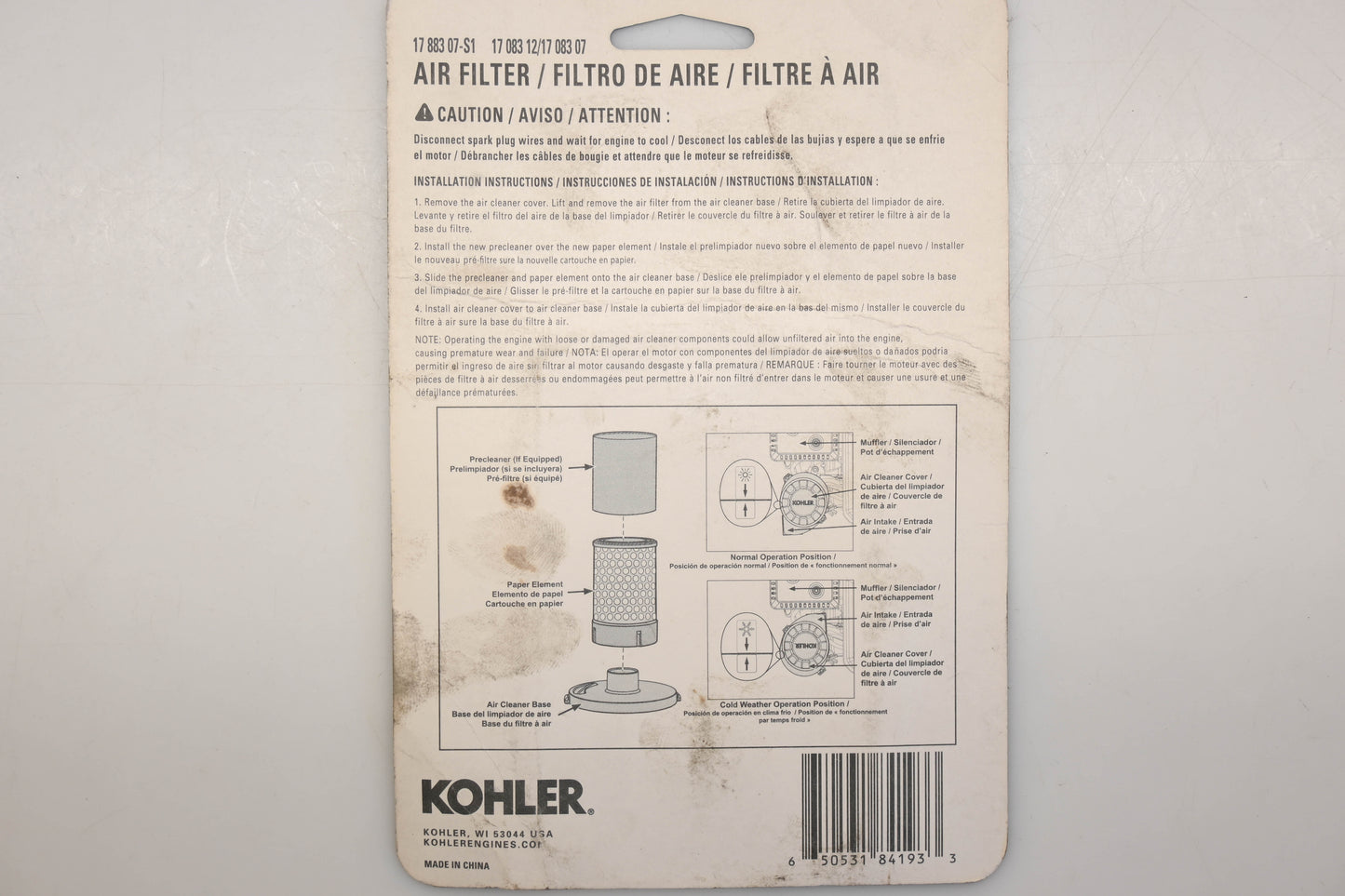 Kohler 17 883 07-S1, 17 083 12, 17 083 07 Air Filter NOS