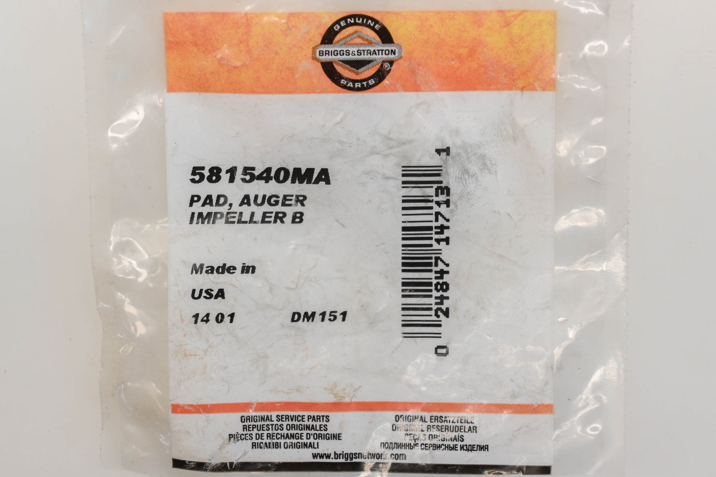 New OEM Briggs & Stratton 581540MA Auger Impeller Pad NOS