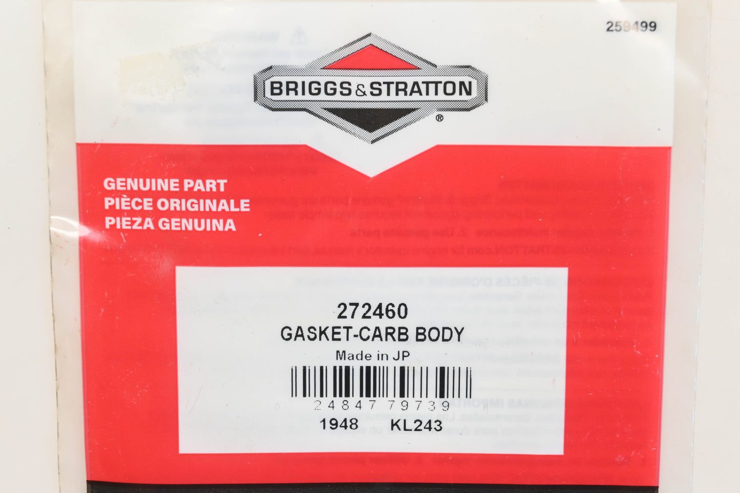 New OEM Briggs & Stratton 272460 Carburetor Body Gasket NOS