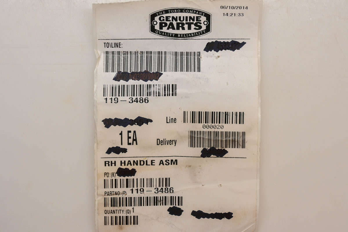 Toro 119-3486 RH Handle Assembly NOS