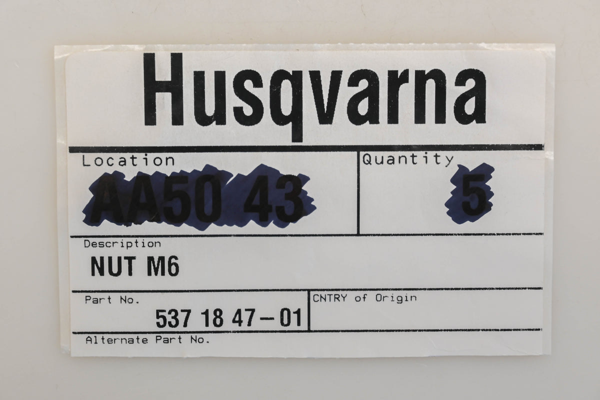 New OEM Husqvarna 537 18 47-01, 537184701 M6-1.0 Nut NOS
