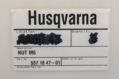 New OEM Husqvarna 537 18 47-01, 537184701 M6-1.0 Nut NOS