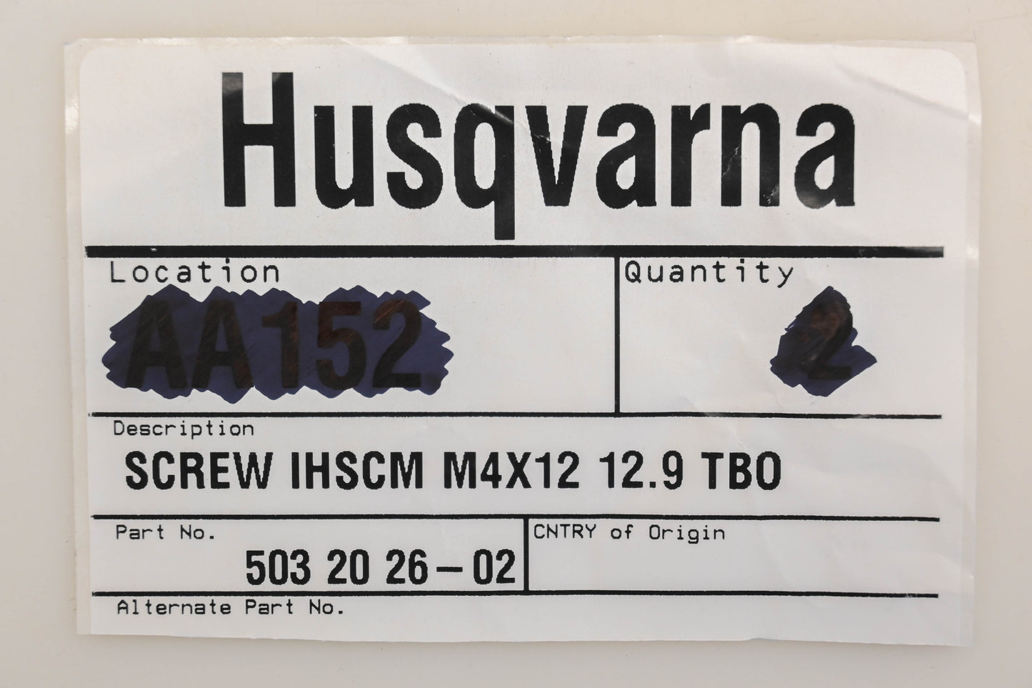 New OEM Husqvarna 503 20 26-02, 503202602 M4-0.7 x 12mm Screw NOS
