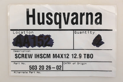New OEM Husqvarna 503 20 26-02, 503202602 M4-0.7 x 12mm Screw NOS
