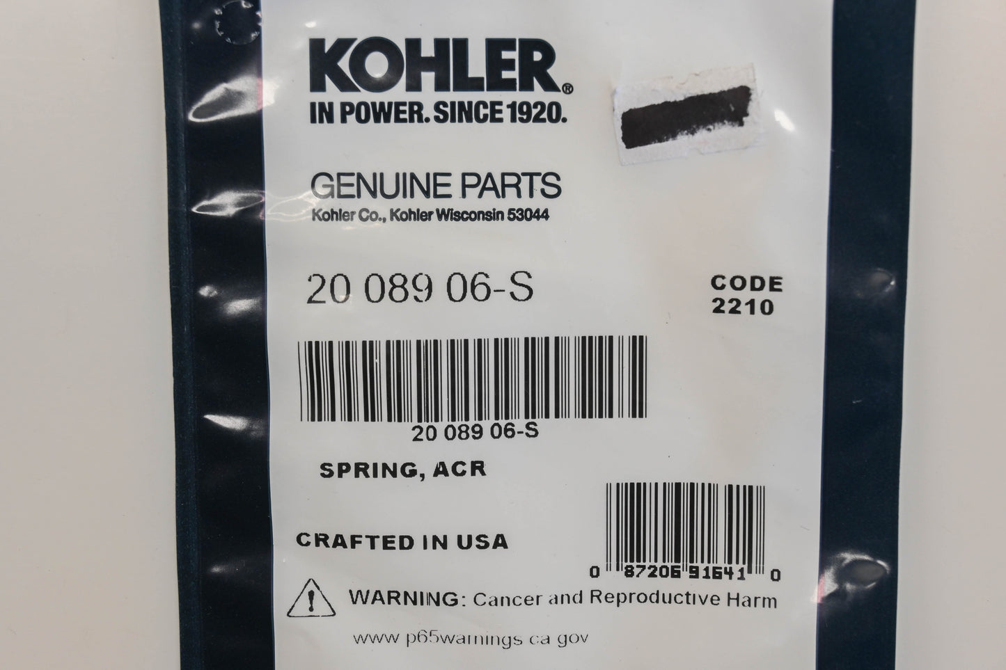 Kohler 20 089 06-S, 2008906S ACR Spring NOS
