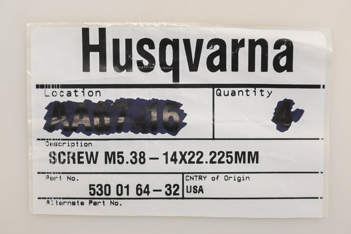 New OEM Husqvarna 530 01 64-32, 530016432 M5.38-14 x 22.225mm Screws Qty 2 NOS