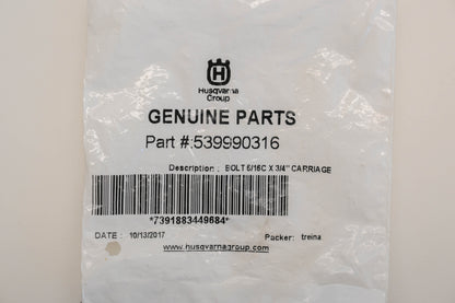 New OEM Husqvarna 539 99 03-16, 539990316 5/16"-18 x 3/4" Carriage Bolts Qty 2 NOS