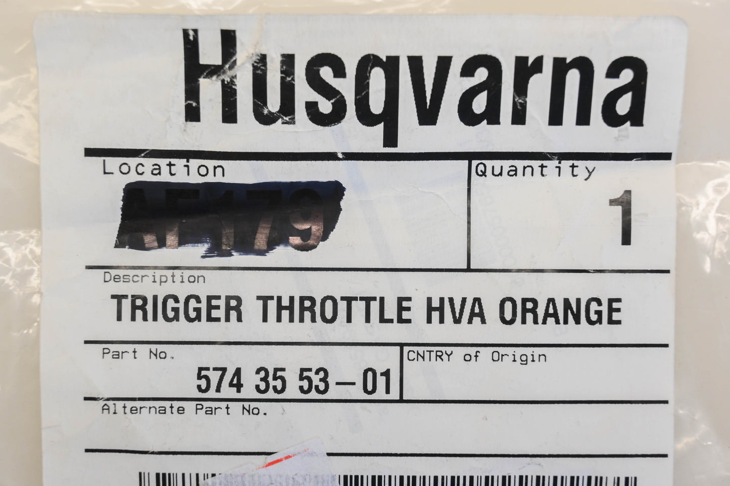 New OEM Husqvarna 574 35 53-01, 574355301 Orange Throttle Trigger NOS