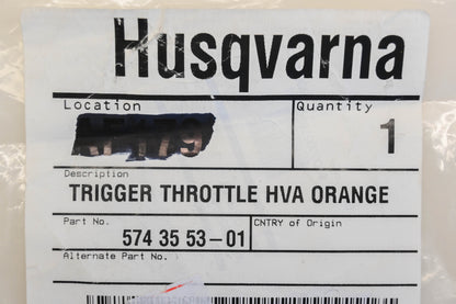 New OEM Husqvarna 574 35 53-01, 574355301 Orange Throttle Trigger NOS