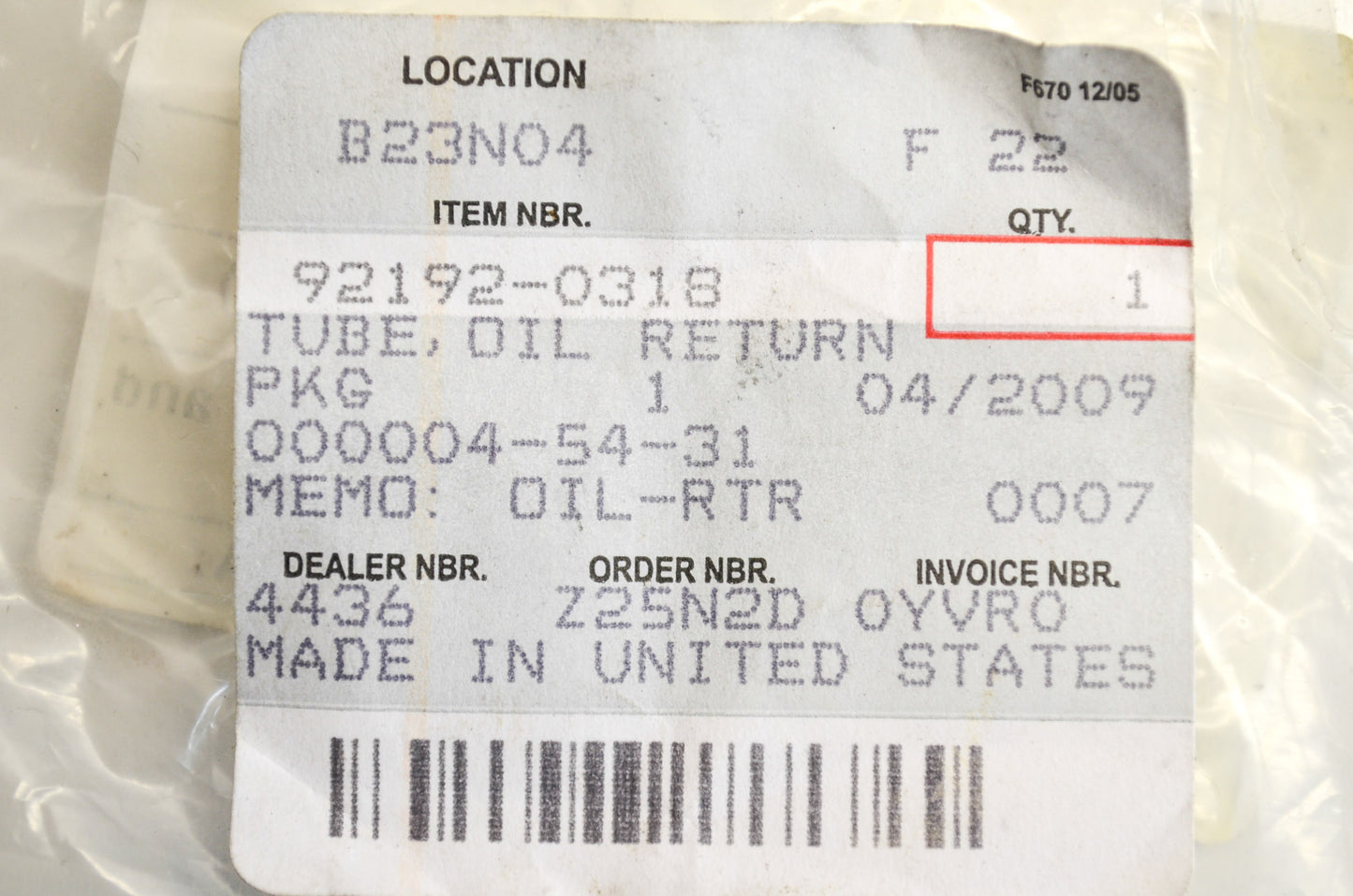 Oil Return Tube NOS