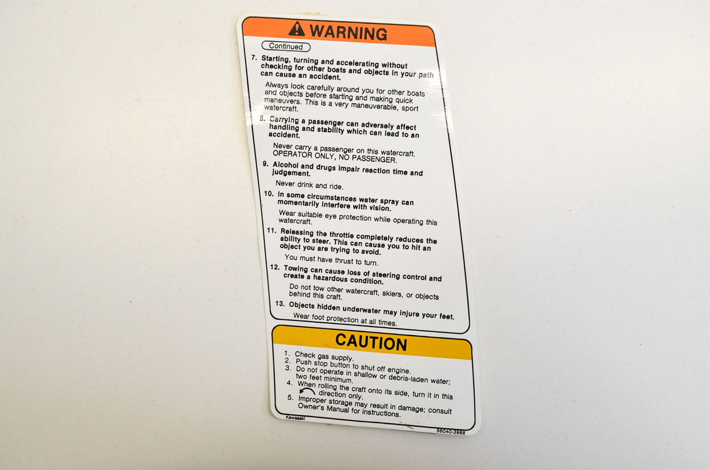 OEM Kawasaki 56040-3988 Safety Warning Label NOS
