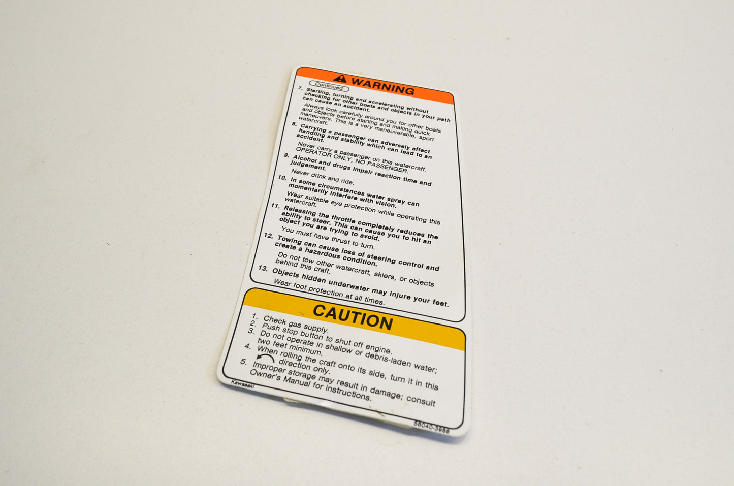 OEM Kawasaki 56040-3988 Safety Warning Label NOS