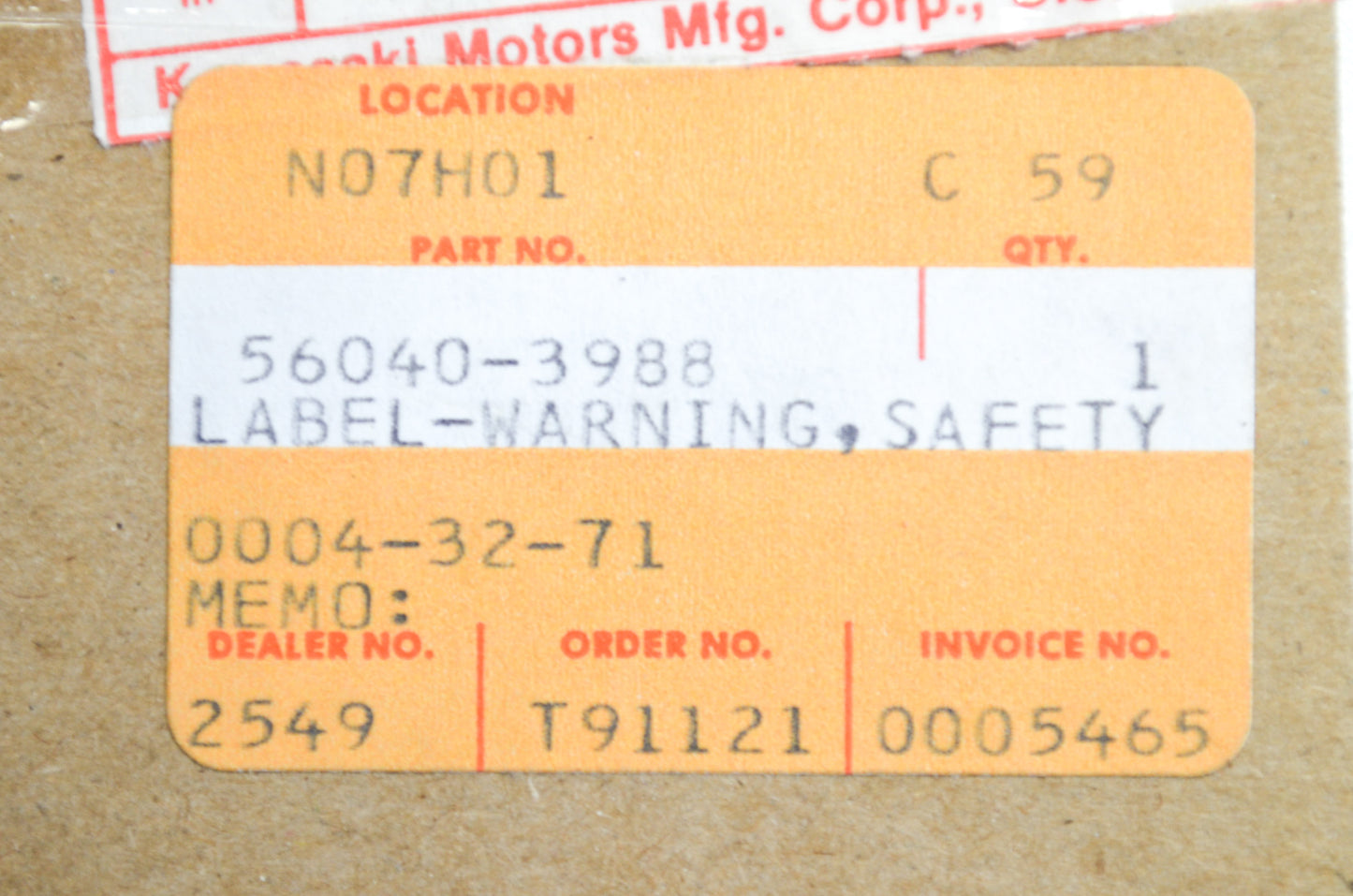 OEM Kawasaki 56040-3988 Safety Warning Label NOS