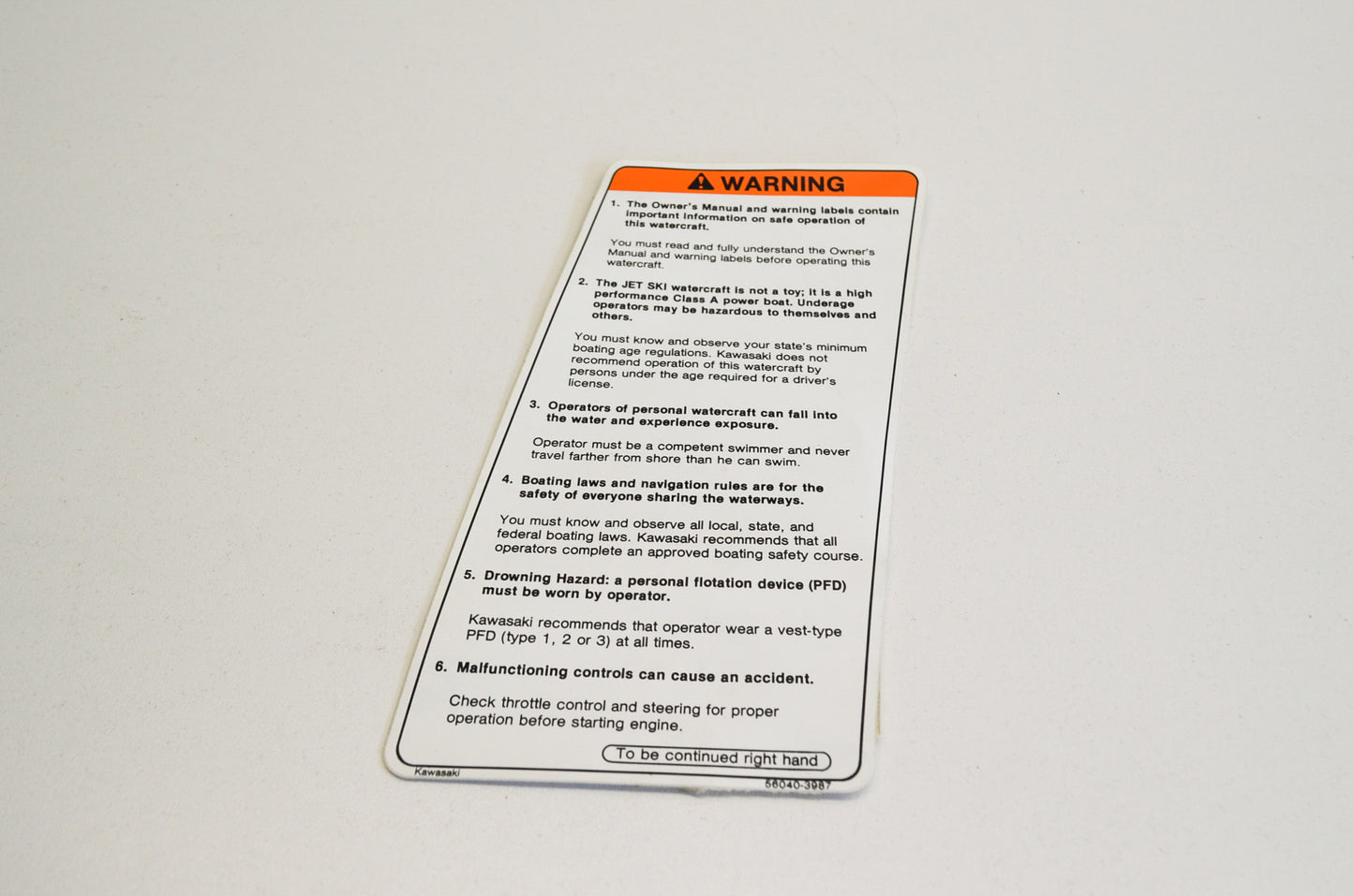 OEM Kawasaki 56040-3987 Safety Warning Label NOS
