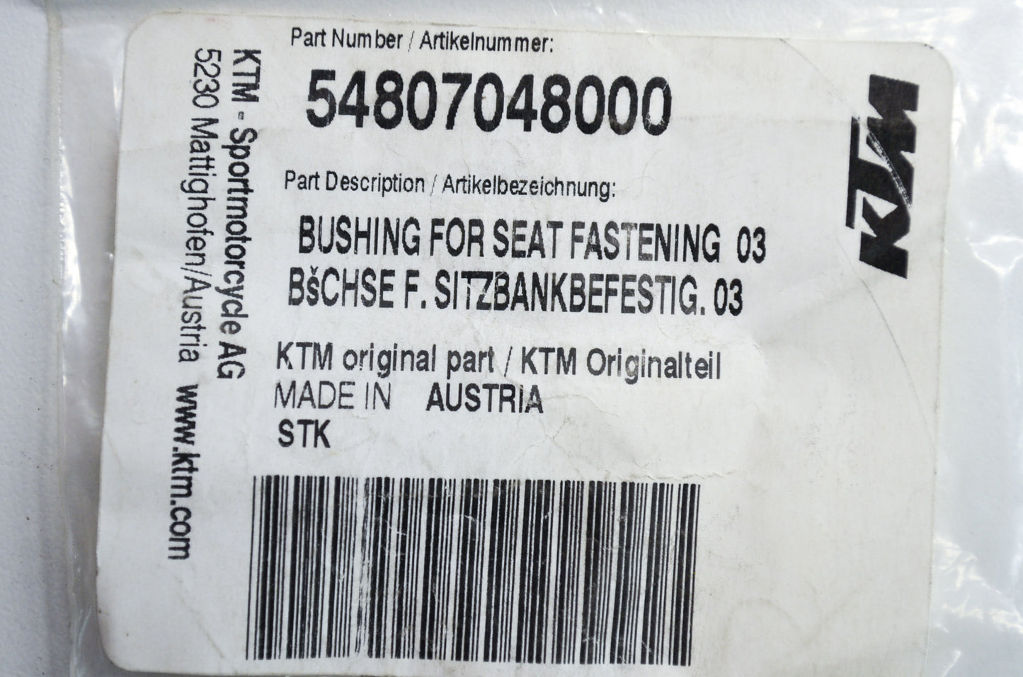 OEM KTM 54807048000 Seat Fastening Bushing NOS