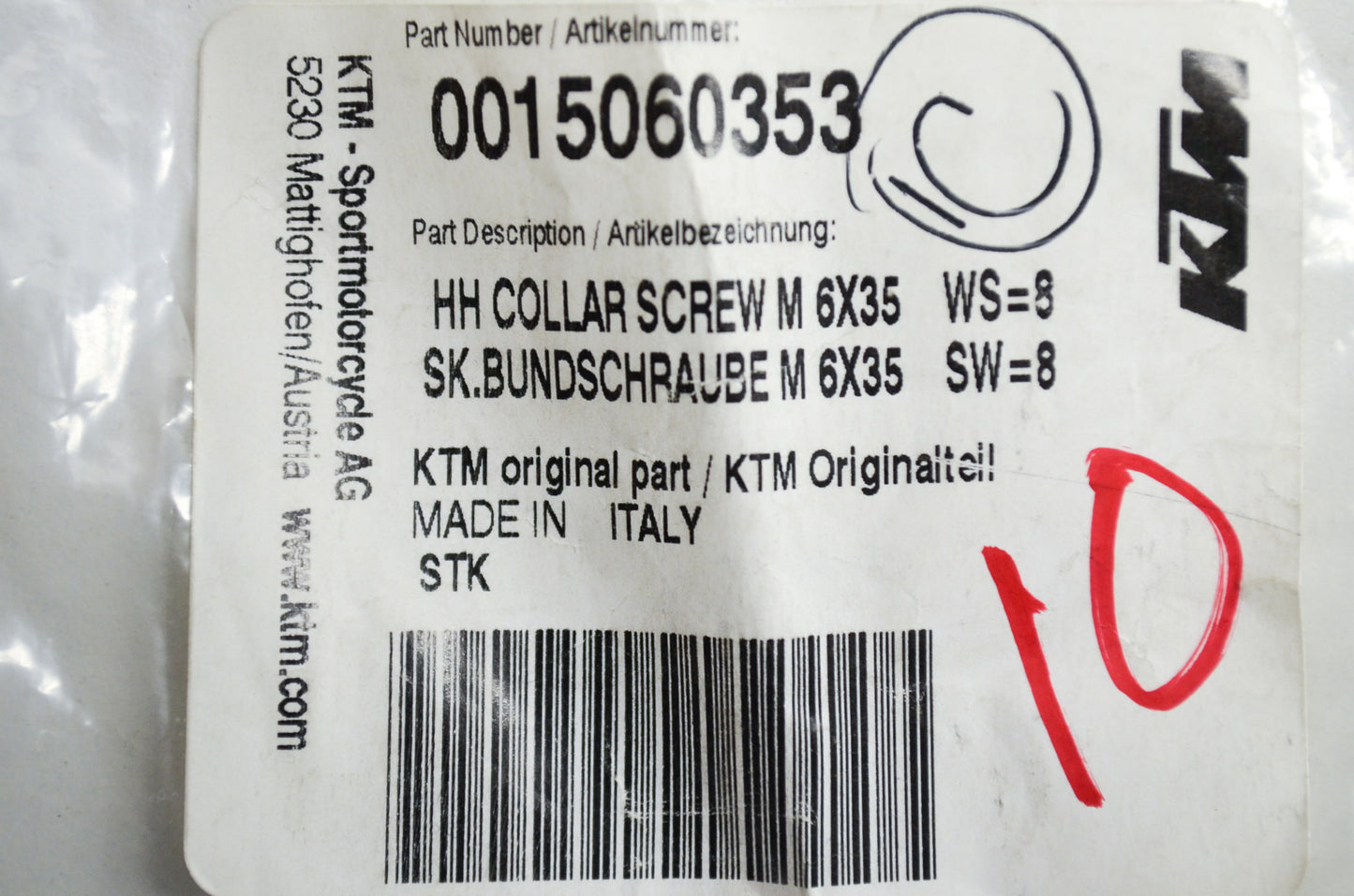 OEM KTM 15060353 Hex Head Collar Screw M6X35 WS=8 Qty 2 NOS