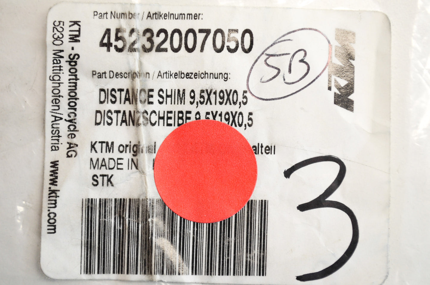 OEM KTM 45232007050 Distance Shim 9.5X19X0.5 Qty 3 NOS