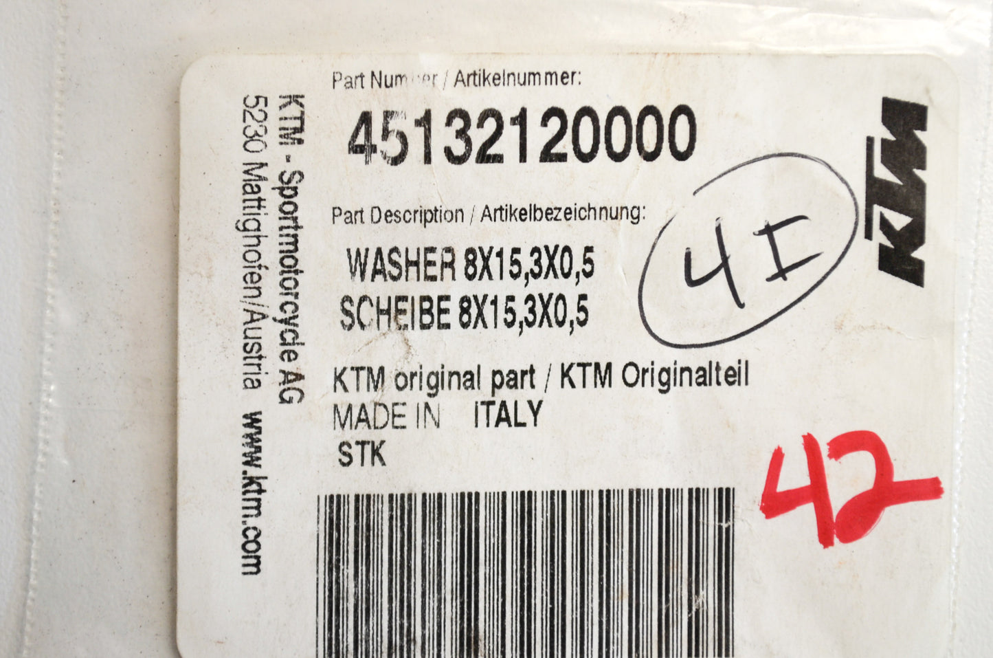 OEM KTM 45132120000 Washer 8X15.3X0.5 Qty 25 NOS