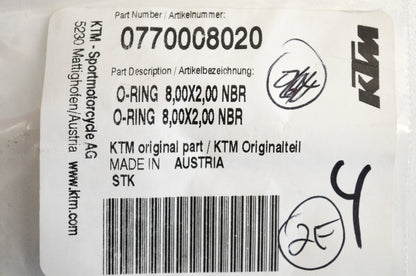 OEM KTM 770008020 O-Ring 8.00X2.00 NBR Qty 2 NOS