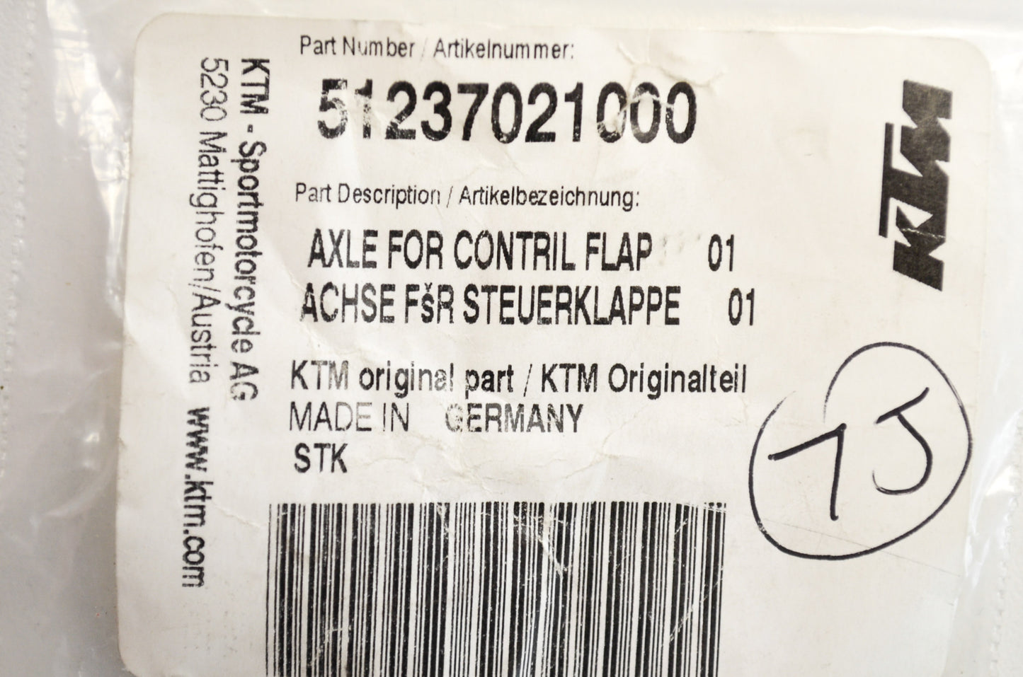 OEM KTM 51237021000 Control Flap Axle NOS