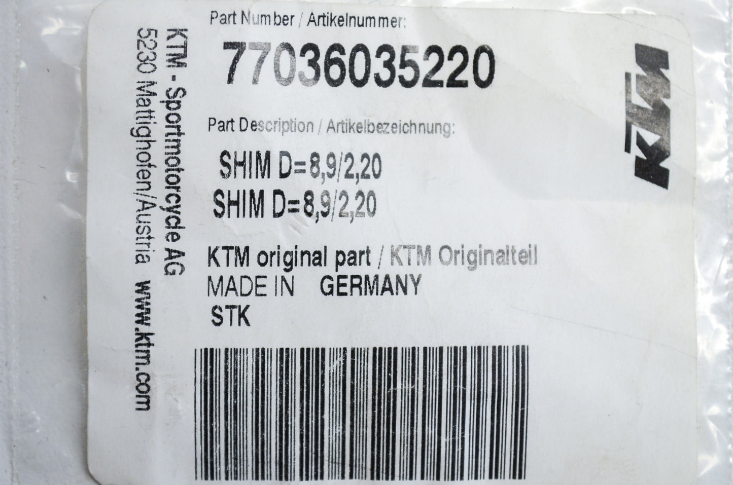 OEM KTM 77036035220 Shim D=8.9/2.20 NOS