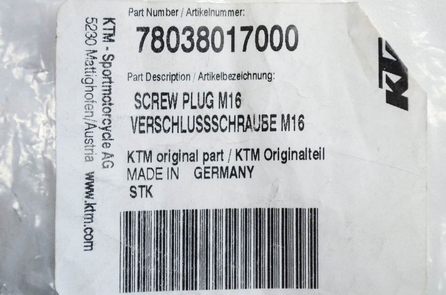 New OEM KTM Screw Plug M16 (Taller) EXC XCR XC-W NOS
