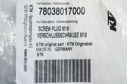 New OEM KTM Screw Plug M16 (Taller) EXC XCR XC-W NOS