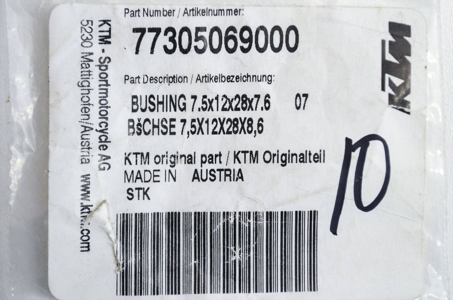 OEM KTM 77305069000 Bushing 7.5x12x28x7.6 Qty 2 NOS