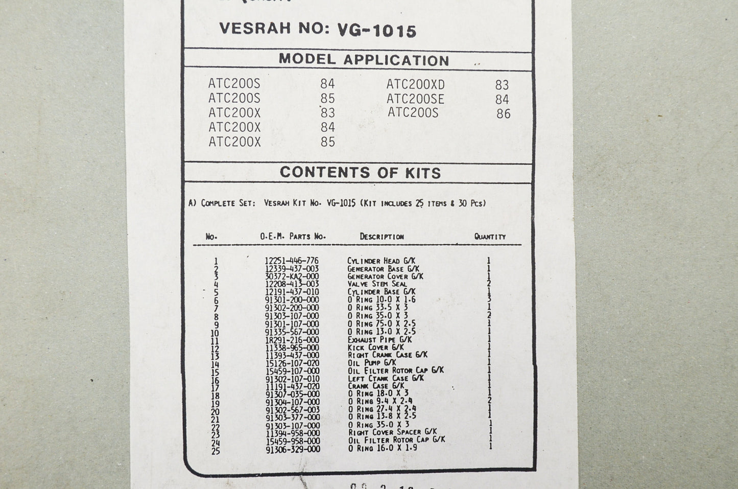New Vesrah Complete Gasket Set Honda 84-86 ATC200 NOS