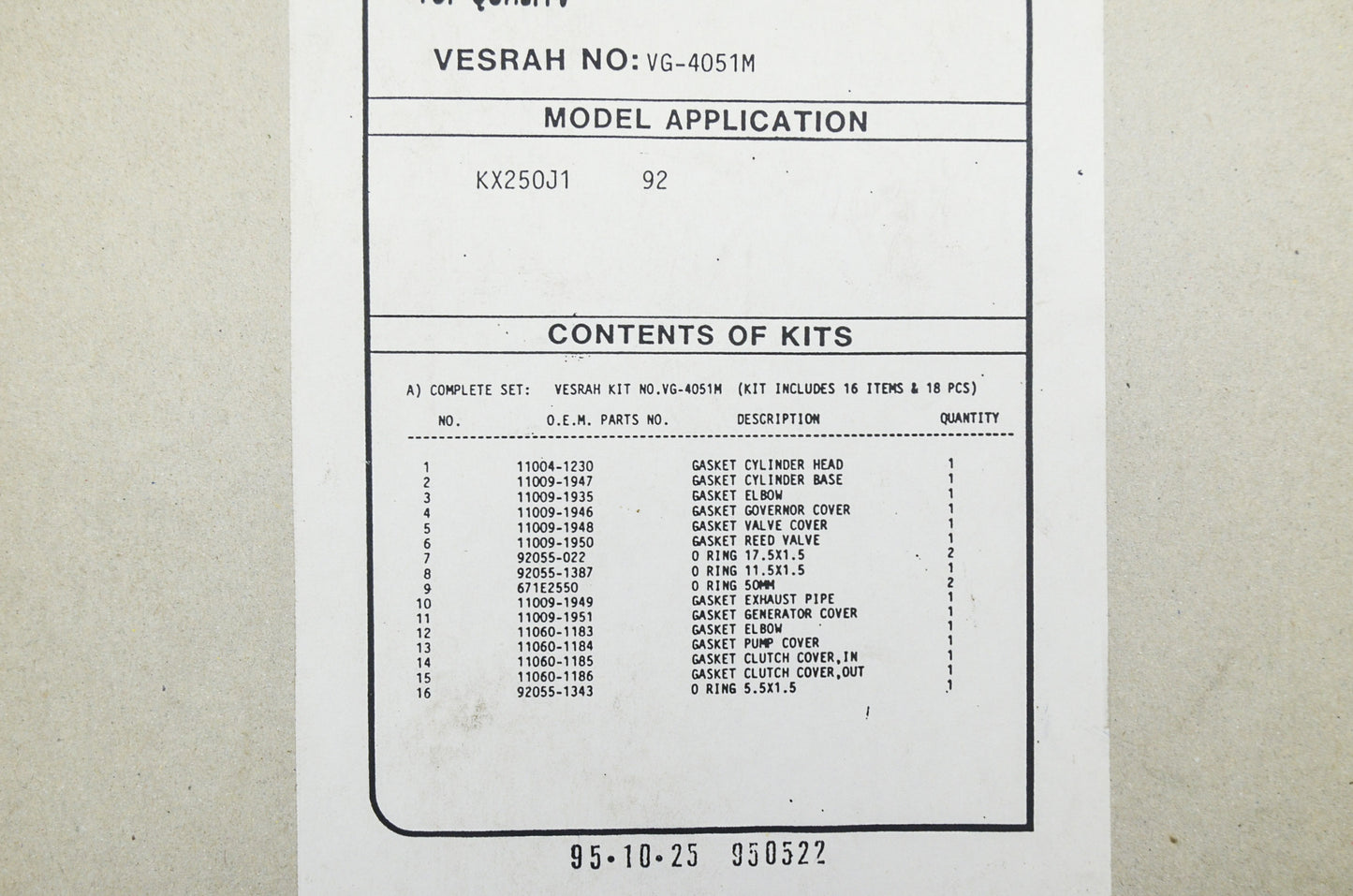 New Vesrah Complete Gasket Set Kawasaki92 KX250 NOS