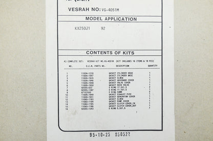 New Vesrah Complete Gasket Set Kawasaki92 KX250 NOS