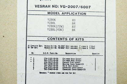 New Vesrah Complete Gasket Set Yamaha 83 -4 YZ80K YZ80L NOS
