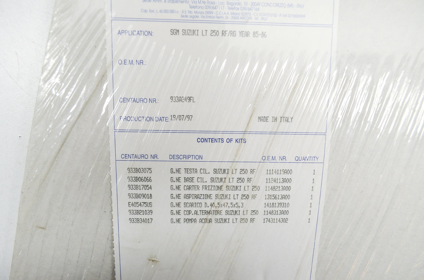 New Centauro Complete Gasket Kit Suzuki 85-86 LT250 NOS