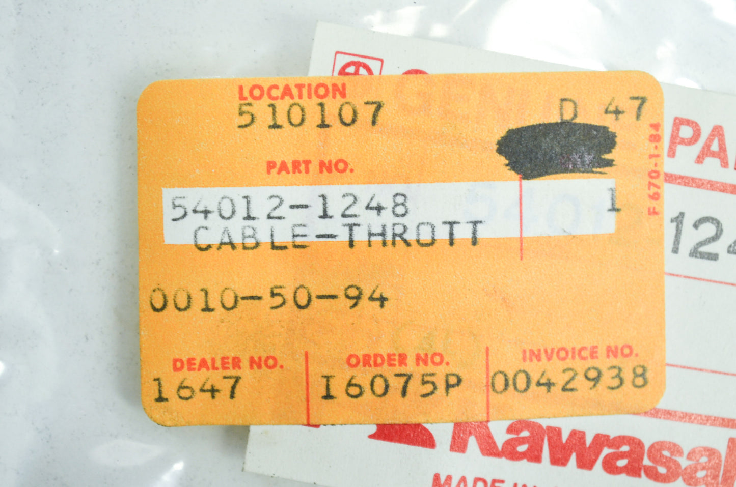 OEM Kawasaki 54012-1248 Closing Throttle Cable NOS