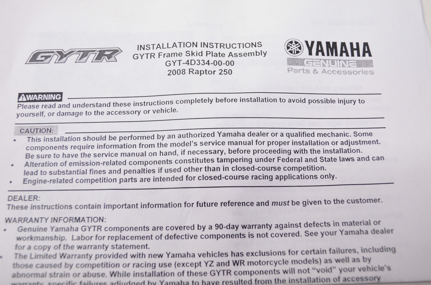 OEM Yamaha GYT-4D334-00-00 Frame Skid Plate Assembly NOS