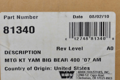 Warn 81340 Winch Mounting Kit NOS