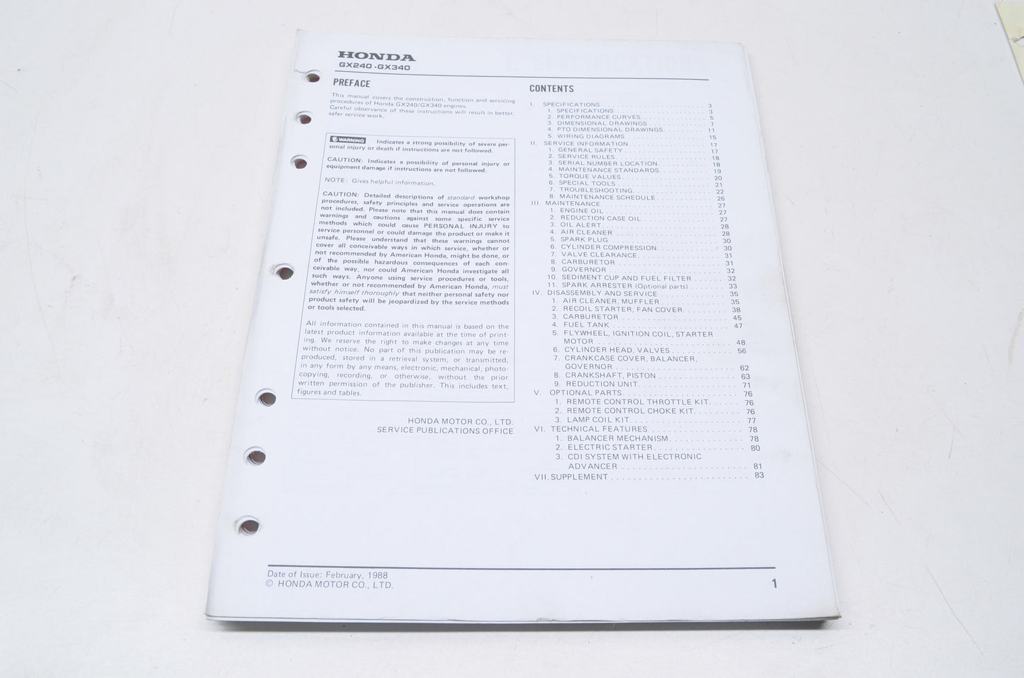 New OEM Honda Shop Manual GX240/GX340 NOS