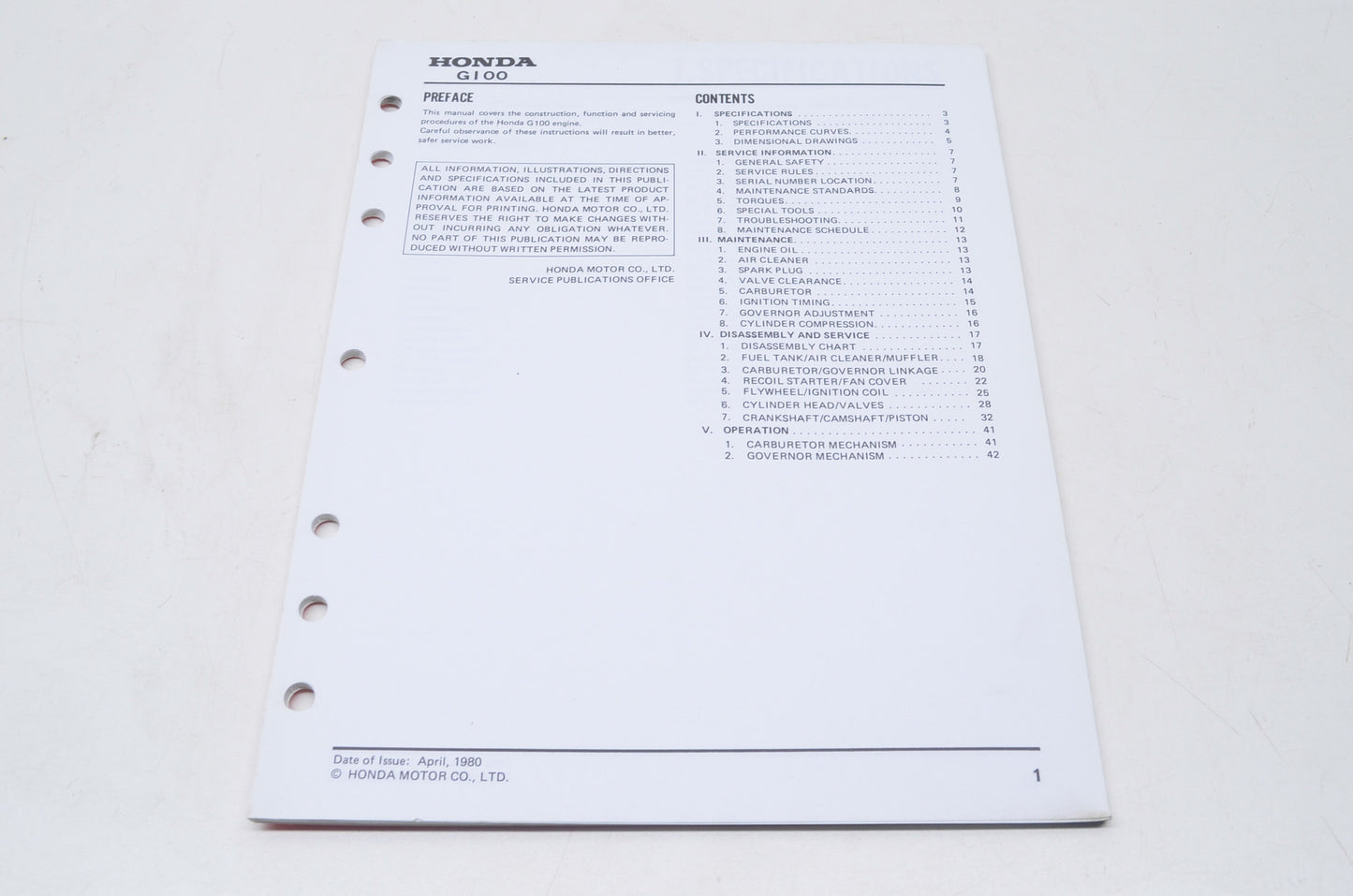 OEM Honda 6189600 Shop Manual G100 NOS
