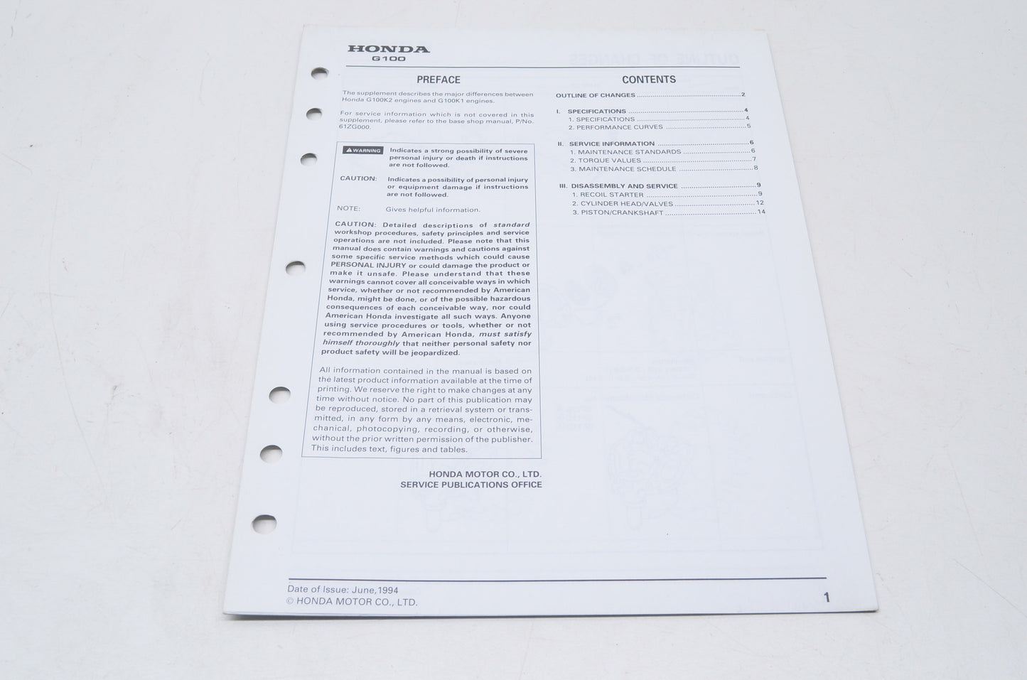 OEM Honda 61ZG000Z Shop Manual G100K2 Supplement NOS
