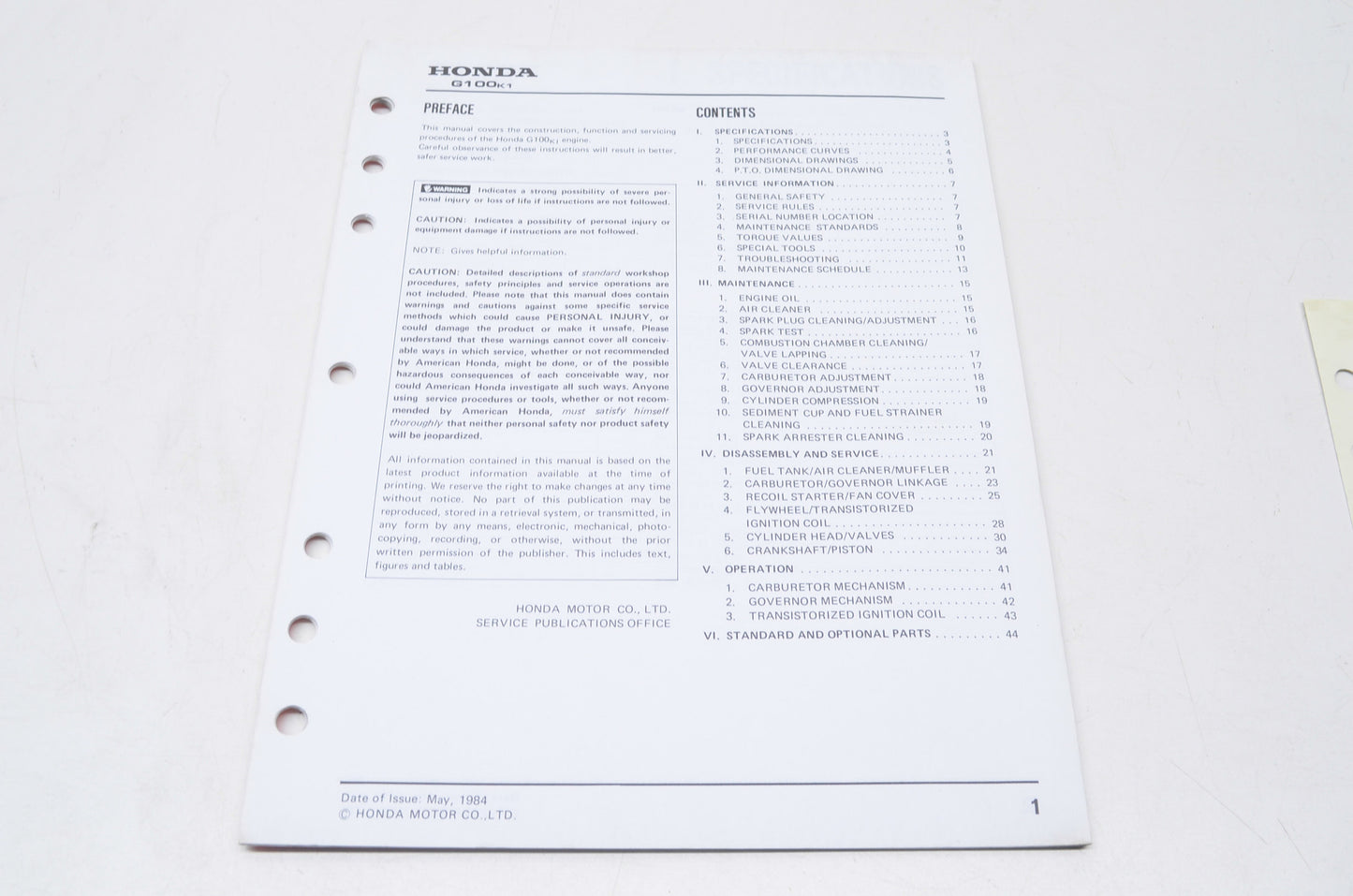 OEM Honda 61ZG000 Shop Manual G100K NOS