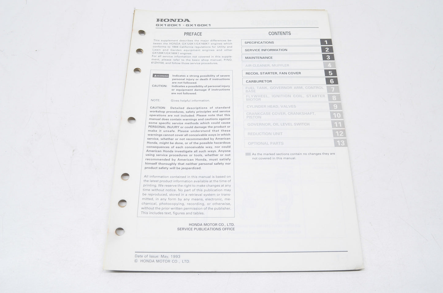 OEM Honda 61ZH700Z Shop Manual GX120K1/GX160K1 Supplement NOS
